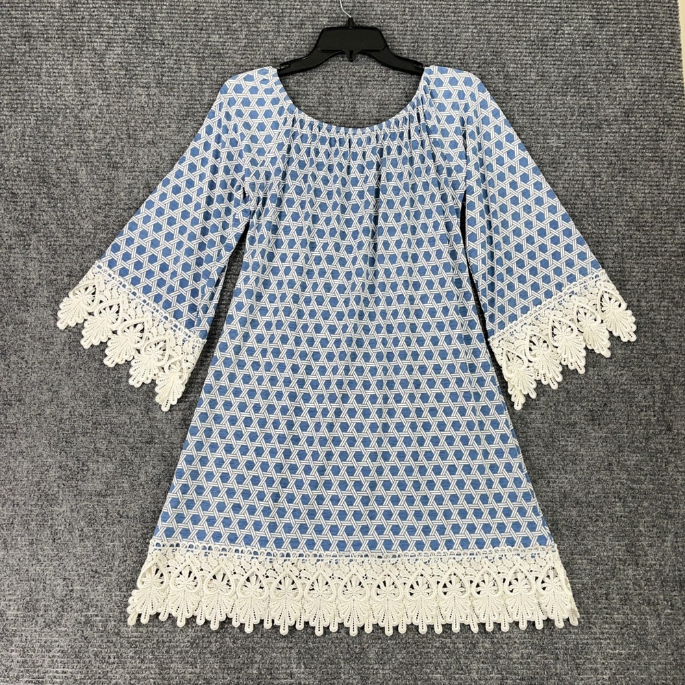 2 B Together Blue White Geo Print‎ Crochet Lace Trim Shift Dress M Boho Resort - Picture 3 of 11